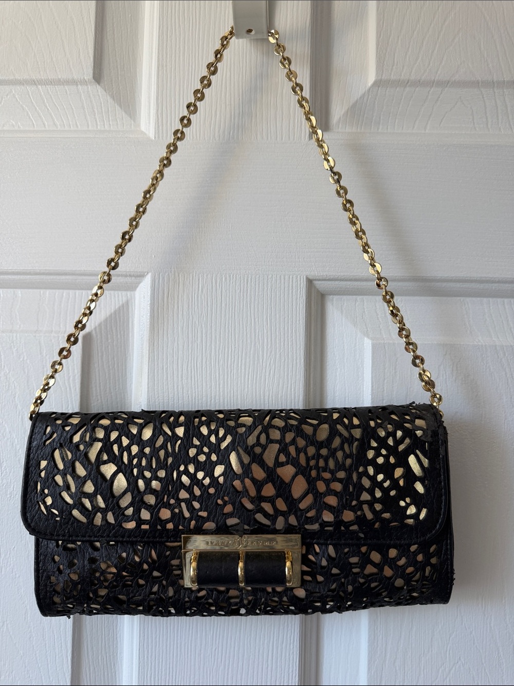 Ivanka Trump Black and Gold Laser Cut Chain Shoulder Bag